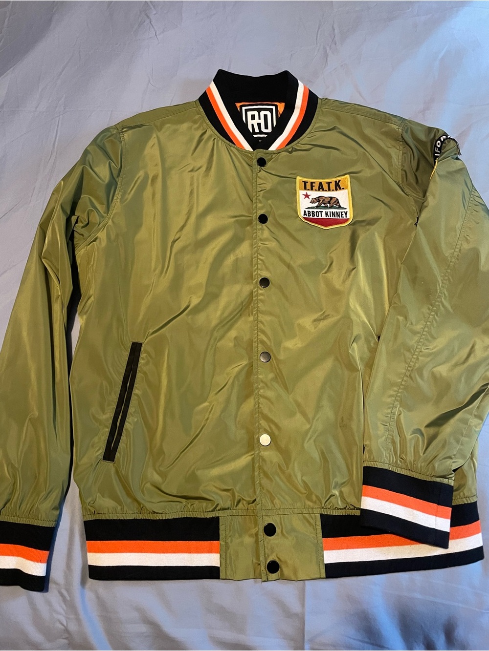 Men's Olive Bomber Jacket with Stripe Trim